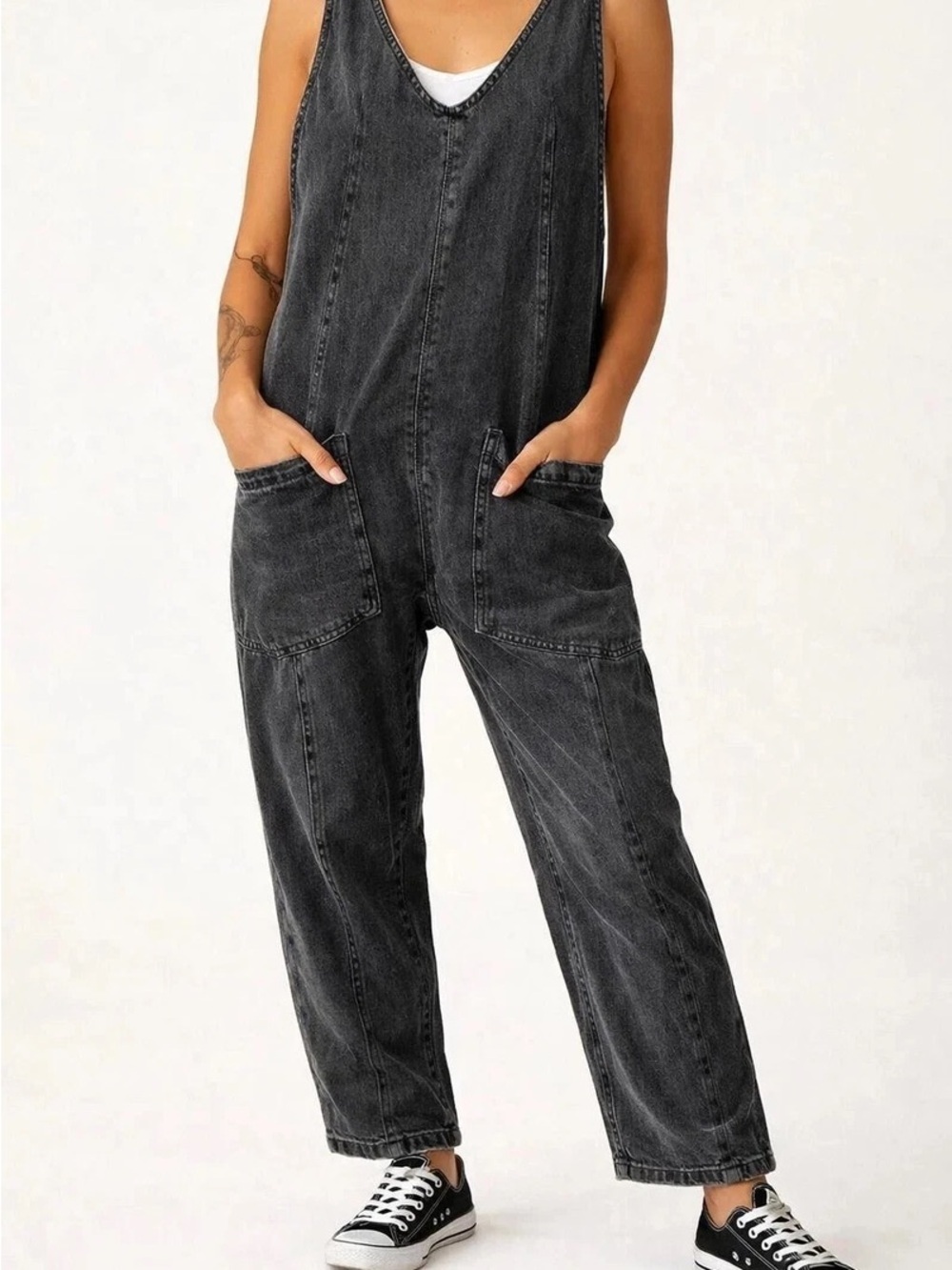 We The Free FP High Roller Denim Overalls Mineral Black Size M